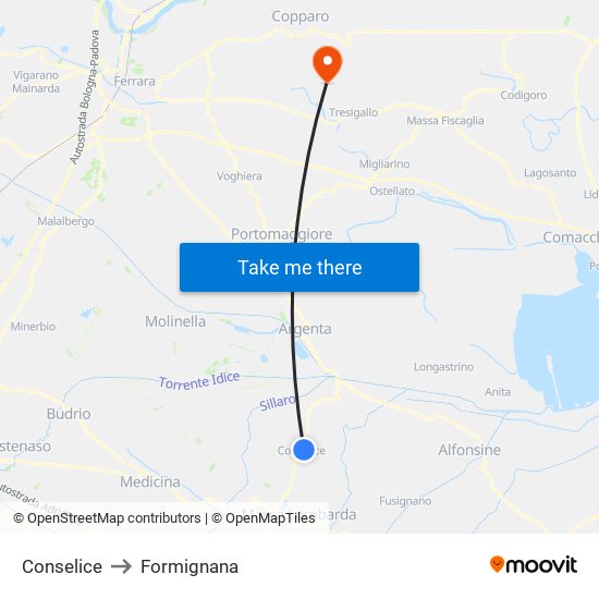 Conselice to Formignana map