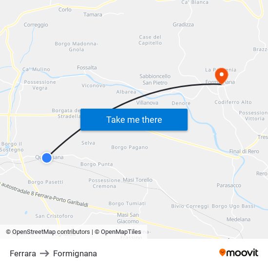 Ferrara to Formignana map