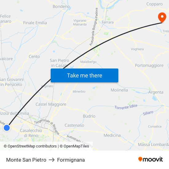 Monte San Pietro to Formignana map