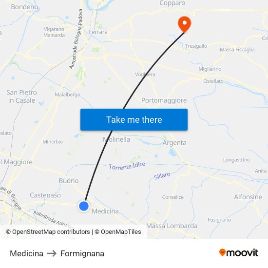 Medicina to Formignana map