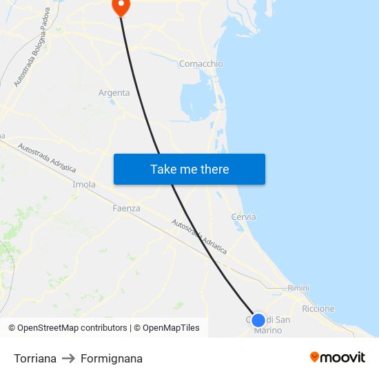 Torriana to Formignana map