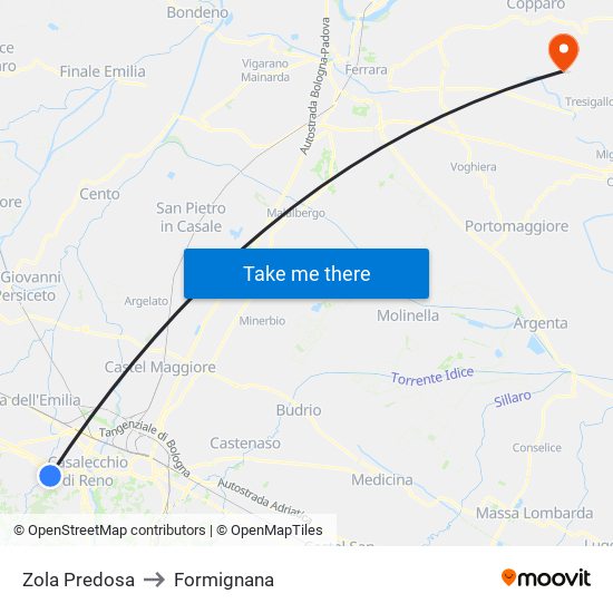 Zola Predosa to Formignana map