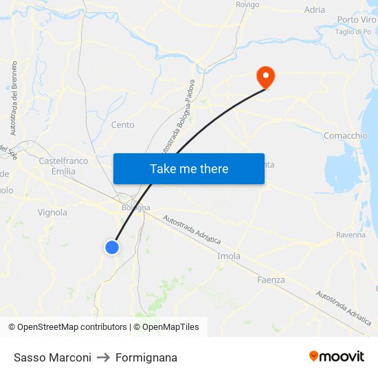 Sasso Marconi to Formignana map