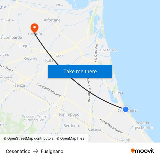 Cesenatico to Fusignano map