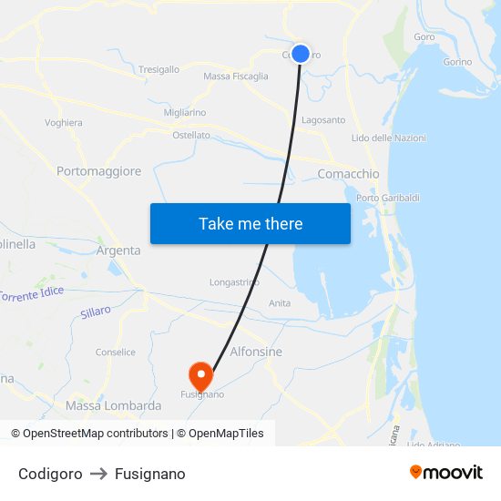 Codigoro to Fusignano map