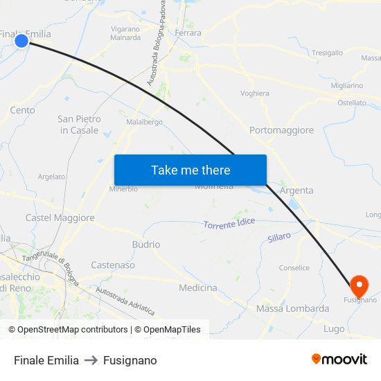 Finale Emilia to Fusignano map