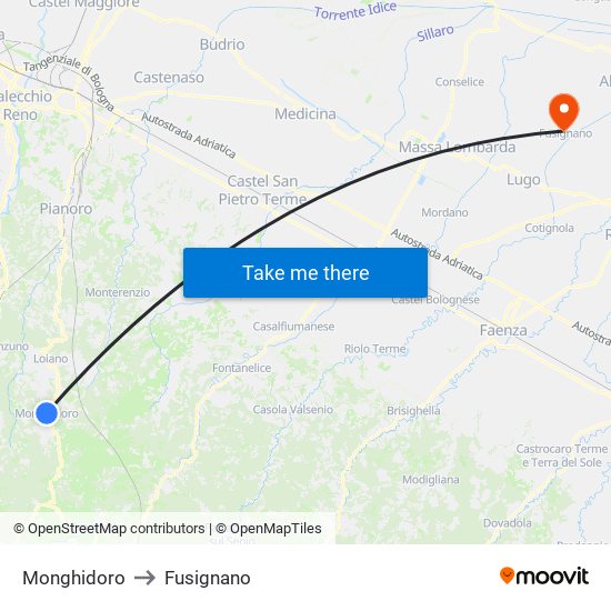 Monghidoro to Fusignano map