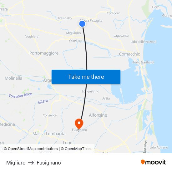 Migliaro to Fusignano map