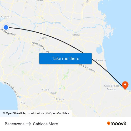 Besenzone to Gabicce Mare map