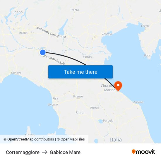 Cortemaggiore to Gabicce Mare map