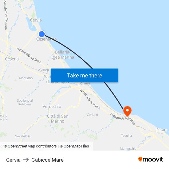 Cervia to Gabicce Mare map