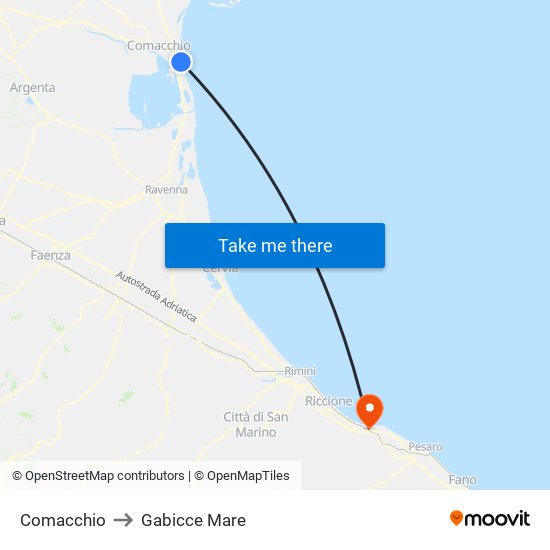 Comacchio to Gabicce Mare map