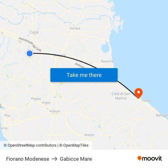 Fiorano Modenese to Gabicce Mare map