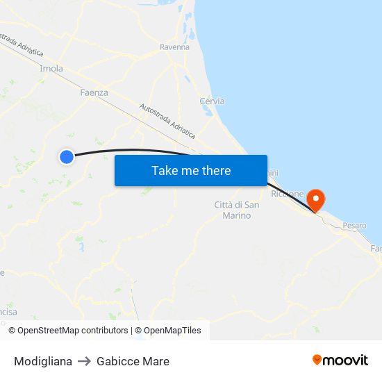 Modigliana to Gabicce Mare map