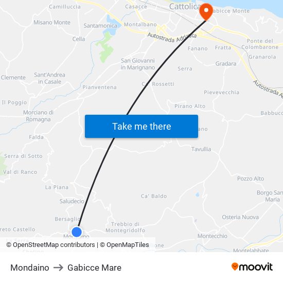 Mondaino to Gabicce Mare map