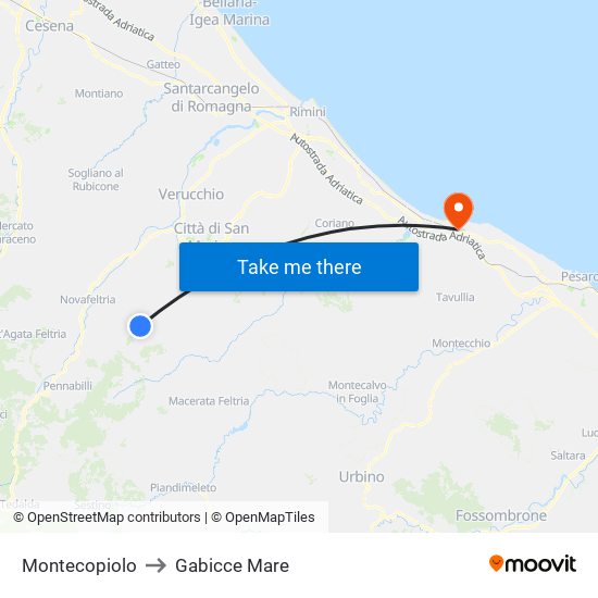 Montecopiolo to Gabicce Mare map