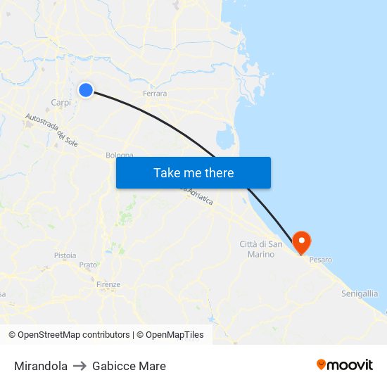 Mirandola to Gabicce Mare map