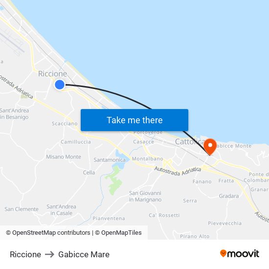 Riccione to Gabicce Mare map