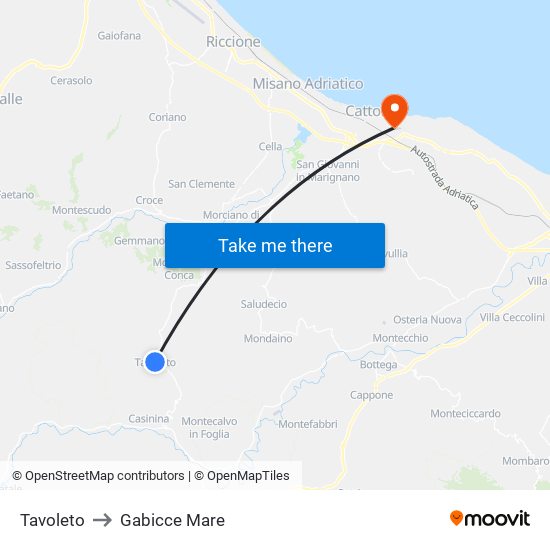 Tavoleto to Gabicce Mare map