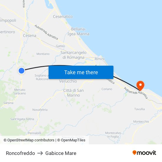 Roncofreddo to Gabicce Mare map