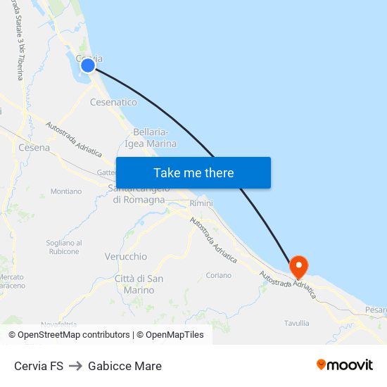 Cervia FS to Gabicce Mare map