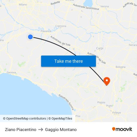 Ziano Piacentino to Gaggio Montano map