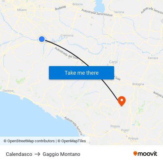 Calendasco to Gaggio Montano map