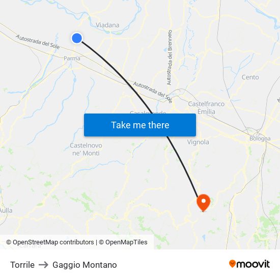 Torrile to Gaggio Montano map