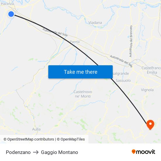 Podenzano to Gaggio Montano map