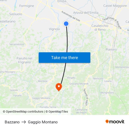 Bazzano to Gaggio Montano map