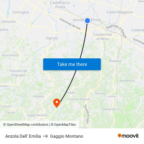 Anzola Dell' Emilia to Gaggio Montano map