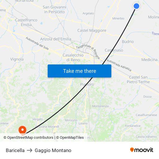 Baricella to Gaggio Montano map