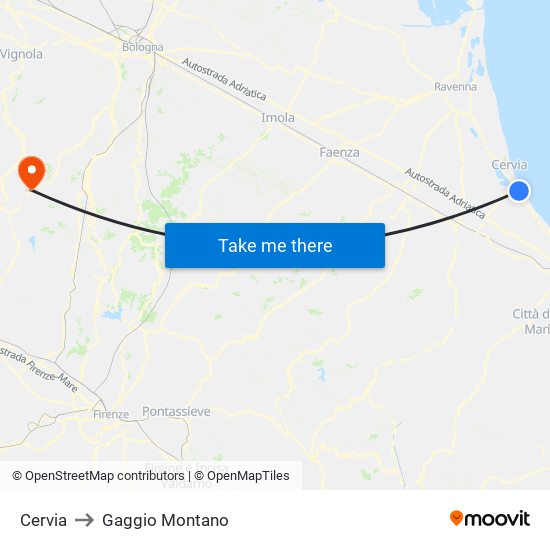 Cervia to Gaggio Montano map