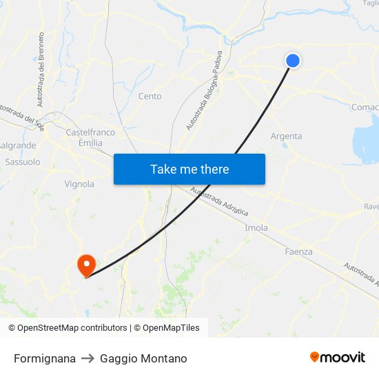 Formignana to Gaggio Montano map