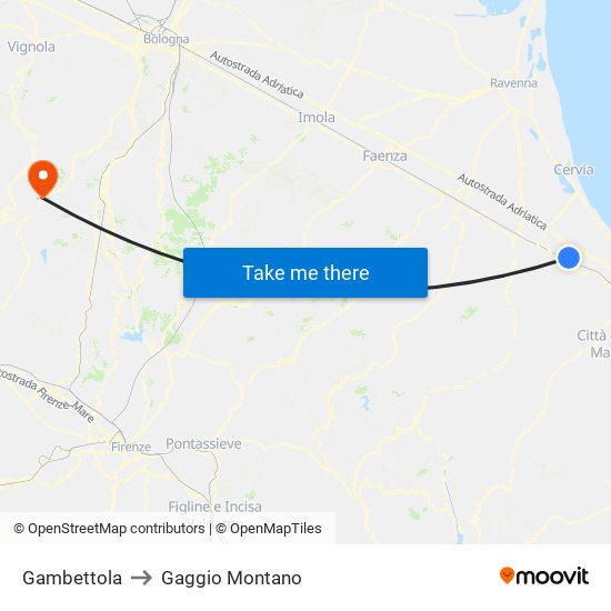 Gambettola to Gaggio Montano map