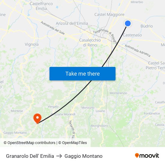 Granarolo Dell' Emilia to Gaggio Montano map