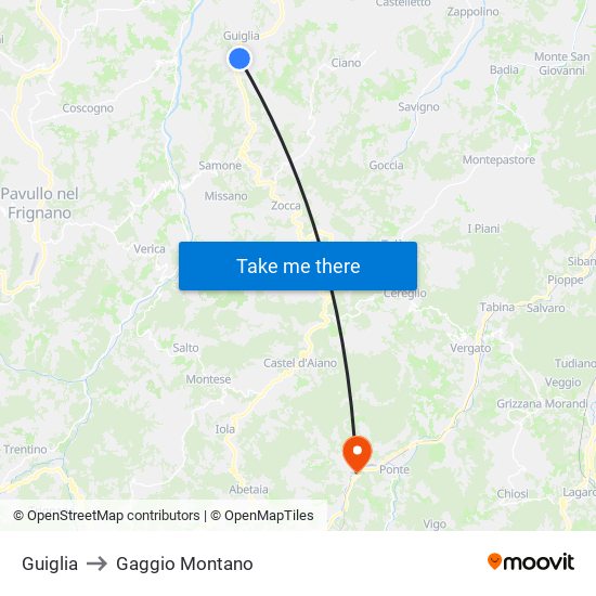 Guiglia to Gaggio Montano map