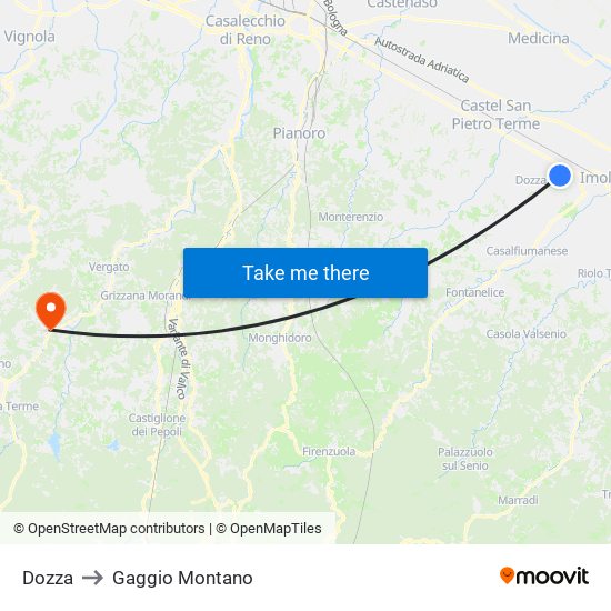 Dozza to Gaggio Montano map