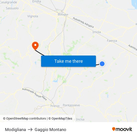 Modigliana to Gaggio Montano map