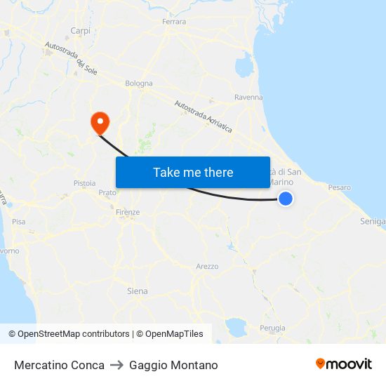 Mercatino Conca to Gaggio Montano map