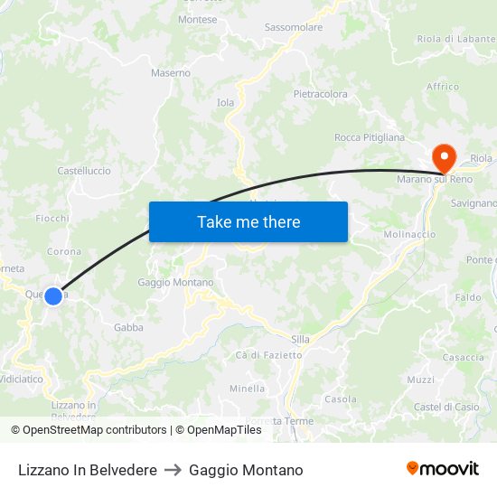 Lizzano In Belvedere to Gaggio Montano map