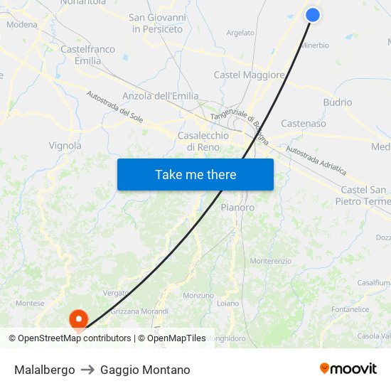 Malalbergo to Gaggio Montano map