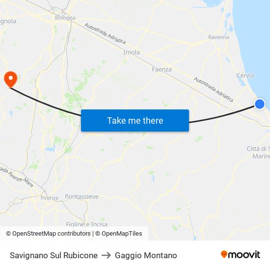 Savignano Sul Rubicone to Gaggio Montano map