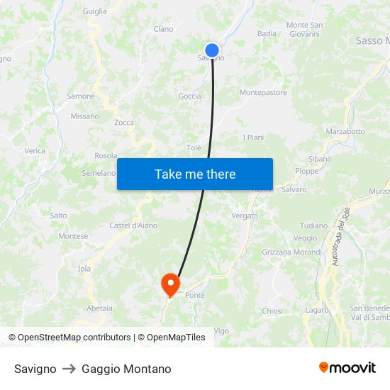 Savigno to Gaggio Montano map