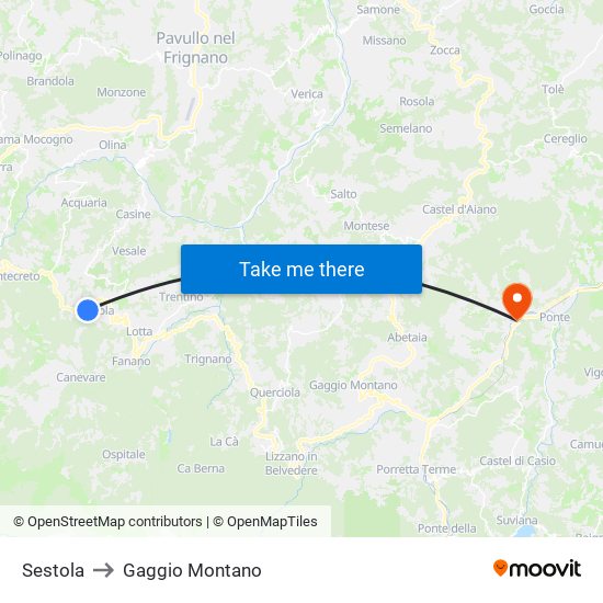 Sestola to Gaggio Montano map