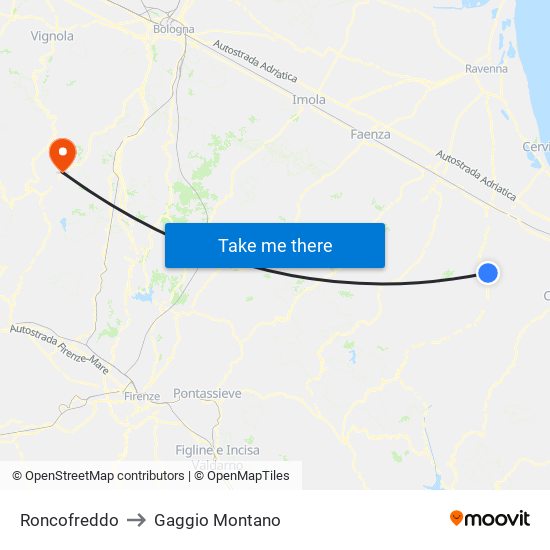 Roncofreddo to Gaggio Montano map