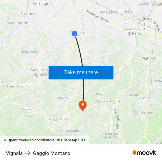 Vignola to Gaggio Montano map