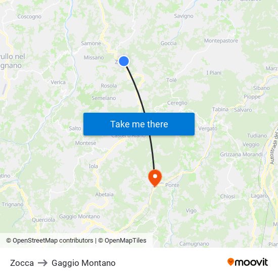 Zocca to Gaggio Montano map