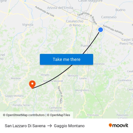 San Lazzaro Di Savena to Gaggio Montano map