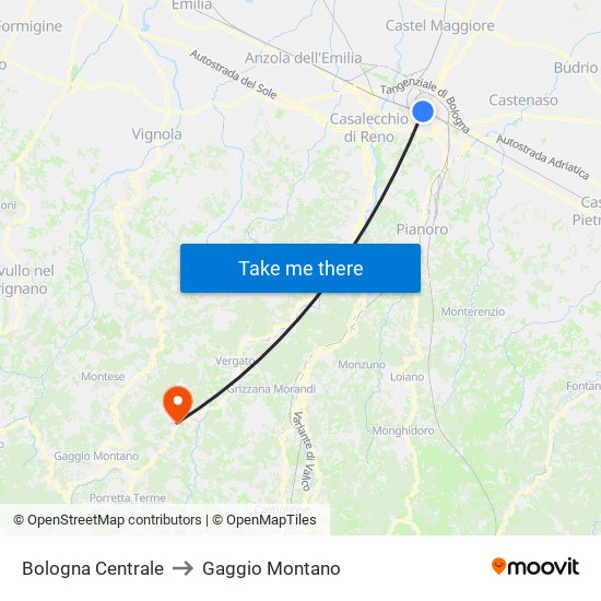 Bologna Centrale to Gaggio Montano map